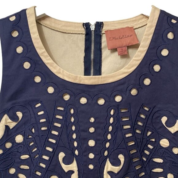 I.MADELINE Dress Small Navy Blue Tan  A-Line Shift Cut Out Embroidered - Picture 6 of 11